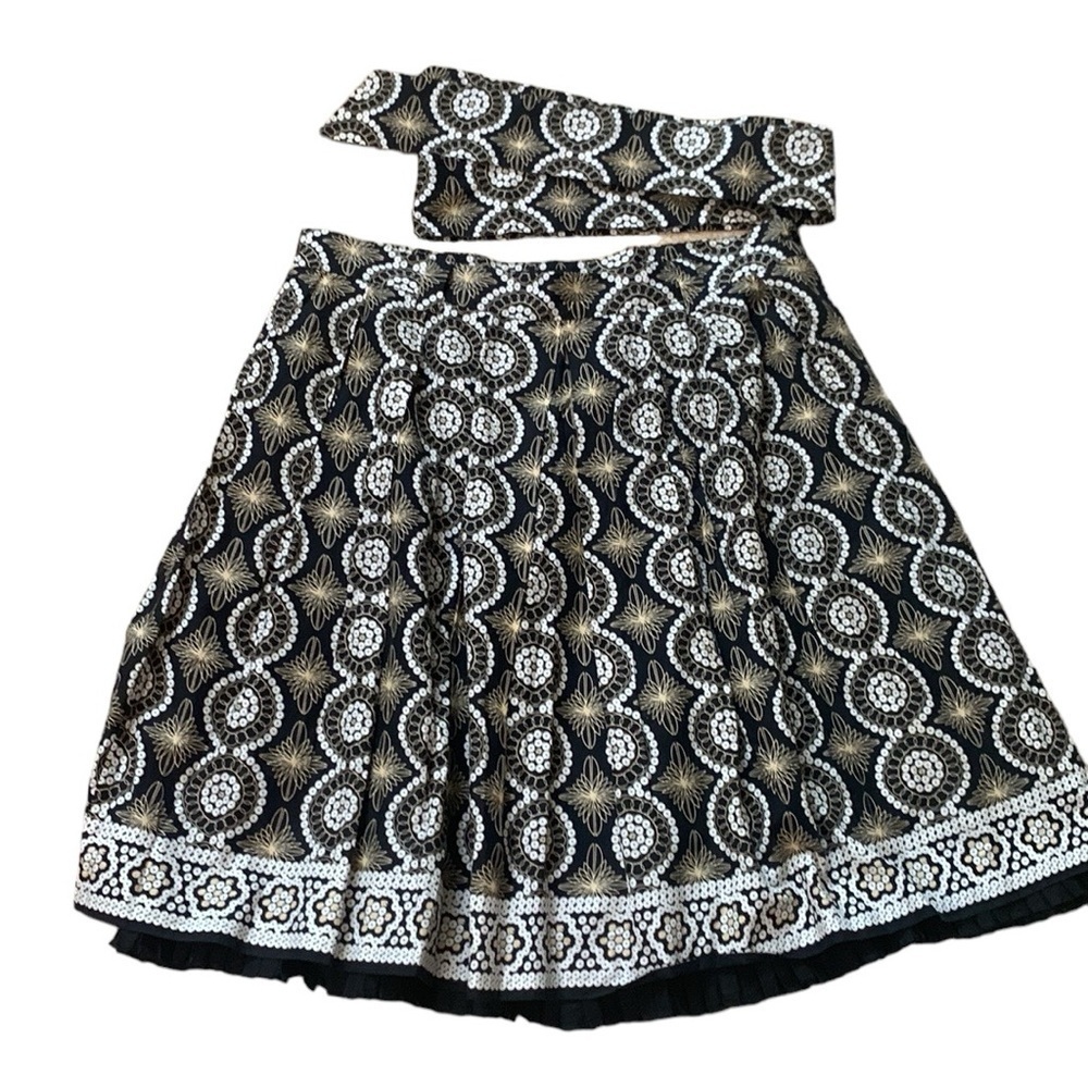 Focus Pleated Geometric Print Skirt‎ Lined Ruffle Hem Removable Belt Size 16